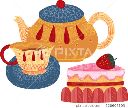 yellow teapot, teacup, strawberry cake, hand-drawn digital painting illustration 120606103