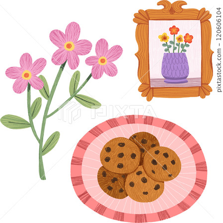 pink flowers, cookies, framed flower wall art, hand-drawn digital painting illustration 120606104