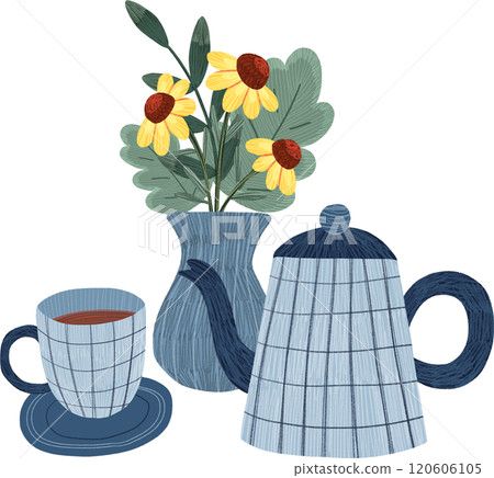 blue checkered teapot, tea cup, yellow flowers, hand-drawn digital painting illustration blue checkered teapot, tea cup, yellow flowers, hand-drawn digital painting illustration 120606105