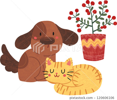Orange cat sleeping, brown dog sitting, and red berry plant, hand-drawn digital painting illustration Orange cat sleeping, brown dog sitting, and red berry plant, hand-drawn digital painting illustration 120606106