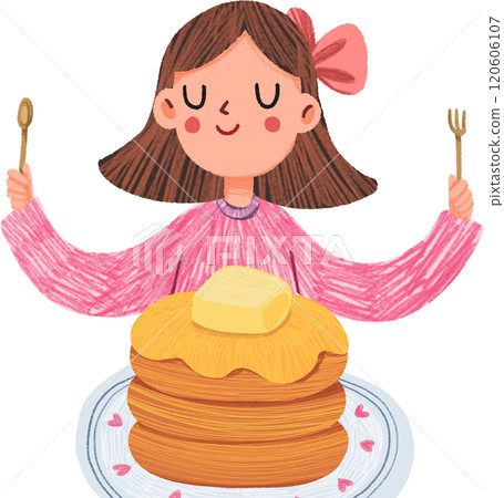 Smiling woman with bow eating pancakes, hand-drawn digital painting illustration Smiling woman with bow eating pancakes, hand-drawn digital painting illustration 120606107