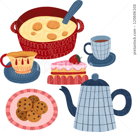 Blue checkered teapot, tea cup, cake, cookies, soup, hand-drawn digital painting illustration Blue checkered teapot, tea cup, cake, cookies, soup, hand-drawn digital painting illustration 120606108