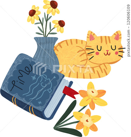 Happy cat, blue storybook and yellow cosmos flowers, hand-drawn digital painting illustration Happy cat, blue storybook and yellow cosmos flowers, hand-drawn digital painting illustration 120606109