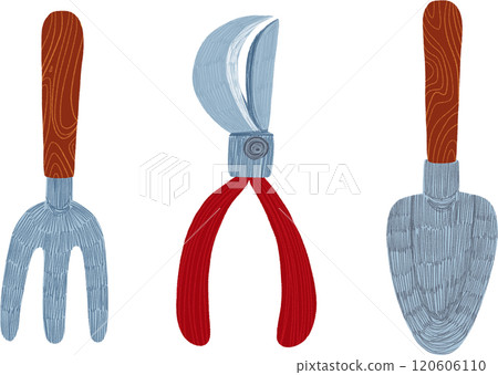 Gardening fork, pruning scissors, and garden trowel, hand-drawn digital painting illustration Gardening fork, pruning scissors, and garden trowel, hand-drawn digital painting illustration 120606110