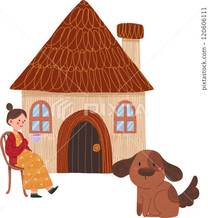small house with brown-red roof, woman and dog, hand-drawn digital painting illustration small house with brown-red roof, woman and dog, hand-drawn digital painting illustration 120606111
