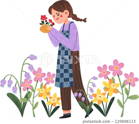 smiling woman surrounded by various colorful flowers, hand-drawn digital painting illustration 120606113