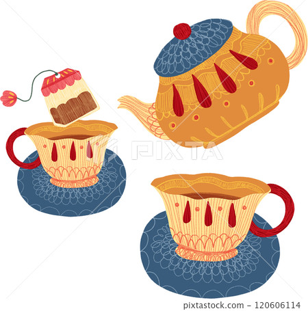 yellow teapot and teacup on saucer, charming set, hand-drawn digital painting illustration 120606114