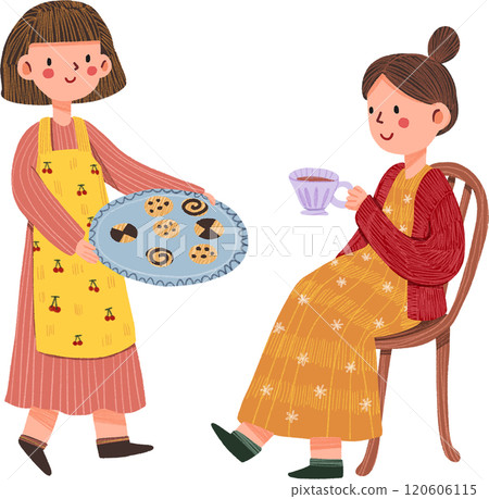 one woman with cookie tray, one  woman with teacup, hand-drawn digital painting illustration 120606115