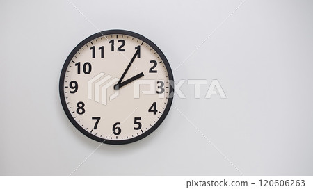 Classic Black-Edged Clock on White Background at 14.05/02.05 - Perfect for Time Management and Text Space 120606263