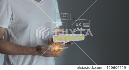 Young Man hand using smartphone mobile touch five star to review and give 5 stars Young Man hand using smartphone mobile touch five star to review and give 5 stars 120606329