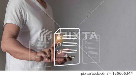 Young man with smartphone mobile hand touching to sign a business contract online Young man with smartphone mobile hand touching to sign a business contract online 120606344