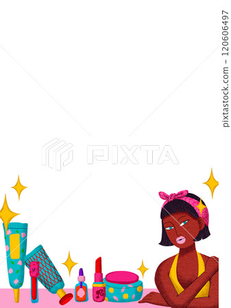 Vertical frame woman and cosmetics,  with cartoon lines, bright colors in a pop art style 120606497