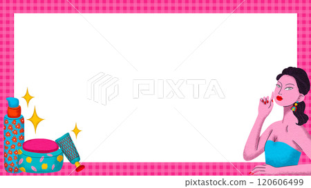 Horizontal frame woman and cosmetics, with cartoon lines, bright colors in a pop art style 120606499