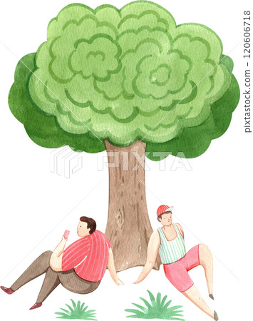 man sips wine while sitting under a tree, enjoying the view, hand-drawn watercolor illustration 120606718