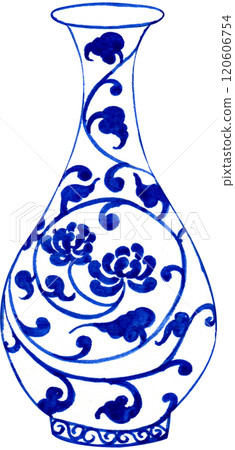 white vase with blue floral vine pattern curled in a circle, hand-drawn watercolor illustration 120606754