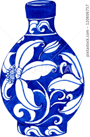 blue ceramic vase with white floral pattern inside, hand-drawn watercolor illustration blue ceramic vase with white floral pattern inside, hand-drawn watercolor illustration 120606757
