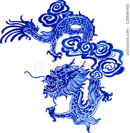 blue dragon flying through clouds, chinese pattern, hand-drawn watercolor illustration blue dragon flying through clouds, chinese pattern, hand-drawn watercolor illustration 120606768