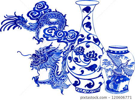 white vases with blue vine dragon flying chinese porcelain, hand-drawn watercolor illustration white vases with blue vine dragon flying chinese porcelain, hand-drawn watercolor illustration 120606771