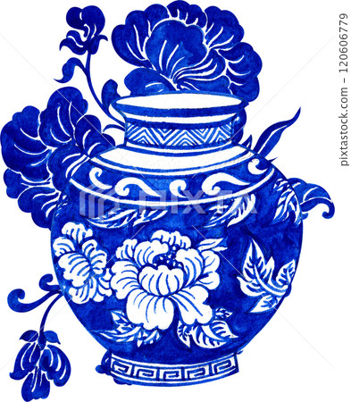 cerulean vase with peony blooms, chinese porcelain, hand-drawn watercolor illustration 120606779
