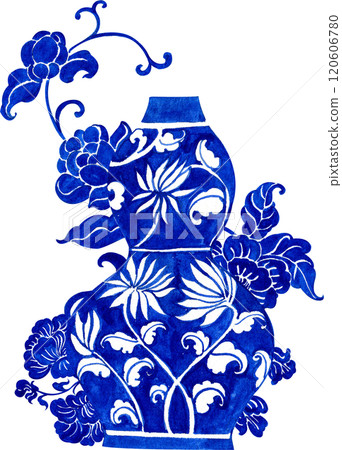 gourd-shaped vase with blue flower, chinese porcelain, hand-drawn watercolor illustration 120606780
