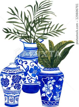 vases with blue floral leaves, and leaves, chinese porcelain, hand-drawn watercolor illustration 120606781