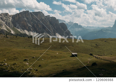 Experience the Majestic Landscape of the Stunning Dolomites, featuring Rolling Hills and Dramatic Mountains Experience the Majestic Landscape of the Stunning Dolomites, featuring Rolling Hills and Dramatic Mountains 120606988