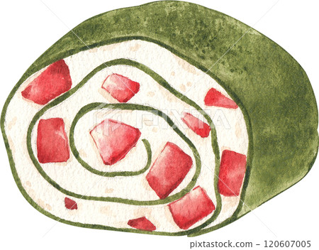 matcha crape cake roll  filled with cream and strawberries, hand-drawn watercolor illustration 120607005