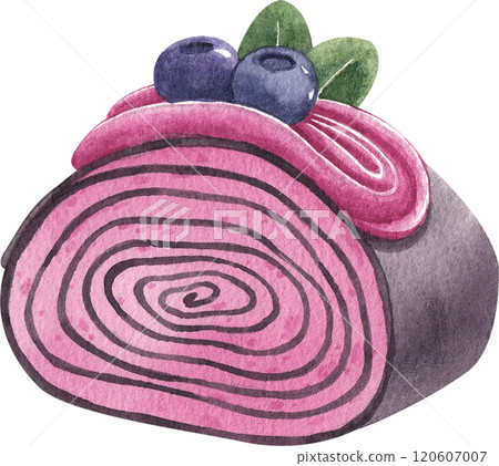 blueberry crape cake roll, hand-drawn watercolor illustration 120607007