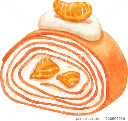 orange crepe cake roll, hand-drawn watercolor illustration 120607030