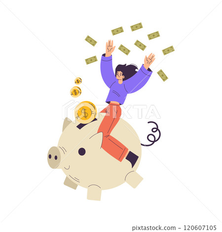 Rich Woman Character on Piggy Bank Throw Dollar Banknote and Coin Vector Illustration Rich Woman Character on Piggy Bank Throw Dollar Banknote and Coin Vector Illustration 120607105