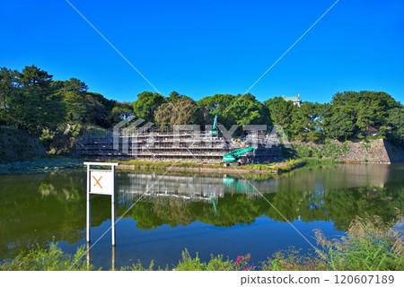 Nagoya Castle in Aichi Prefecture undergoing reconstruction work on stone walls 120607189