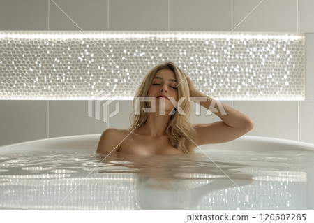 Blondie woman relaxing in bathroom Blondie woman relaxing in bathroom 120607285