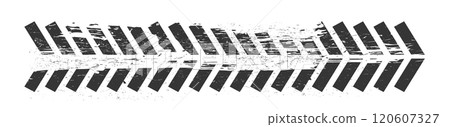 Tyre mark car or bike wheel trace, grunge textured trail silhouette. Top view, print brush stroke dirt. Speed rally dirty rubber path. Tyre mark car or bike wheel trace, grunge textured trail silhouette. Top view, print brush stroke dirt. Speed rally dirty rubber path. 120607327