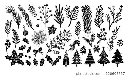 Set of Isolated Christmas Plants and Tree Decorations in Hand-Drawn Doodle Style on transparent background. Volume 2: Trees, Pine Branches, and Holly in black silhouette style. Set of Isolated Christmas Plants and Tree Decorations in Hand-Drawn Doodle Style on transparent background. Volume 2: Trees, Pine Branches, and Holly in black silhouette style. 120607337