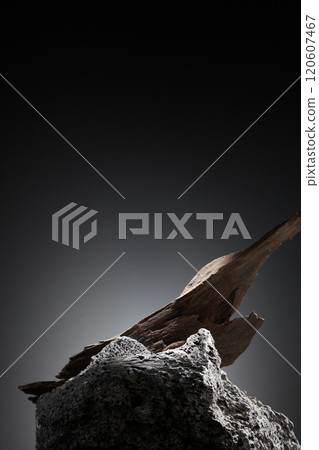 The image with the background is a gradient of dark tones, close-up of a piece of dry wood with an uneven surface, resting on a rough, dark stone with empty space to present the product. The image with the background is a gradient of dark tones, close-up of a piece of dry wood with an uneven surface, resting on a rough, dark stone with empty space to present the product. 120607467