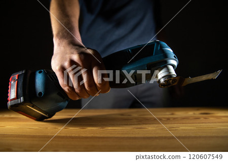 A powerful multi cutter hand tool is ready for use, showcasing exceptional craftsmanship and innovative woodworking techniques 120607549