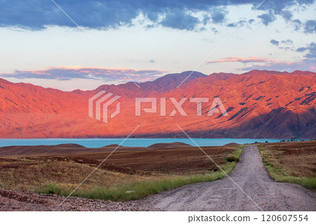 Morning road through the mountainous terrain to Lake Bartogay in Almaty region, Kazakhstan. Amazing nature of Central Asia. 120607554
