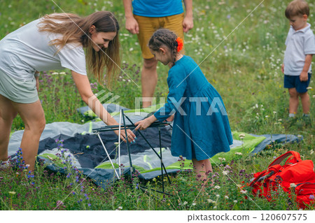 The family enjoys bonding while setting up a cozy tent in a beautiful field full of vibrant wildflowers 120607575