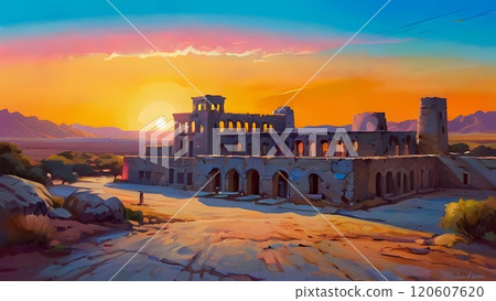 Game background: Desert and sunset temple ruins palace 120607620