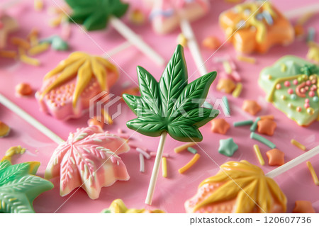 Cannabis Leaf Lollipops on Pastel Pink Background with Colorful Sprinkles for Edible Treat Marketing 120607736