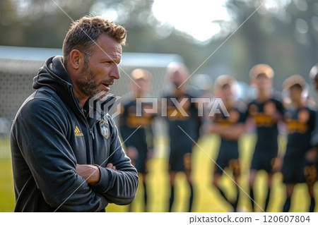 Focused soccer coach observing team practice session on a sunny day 120607804