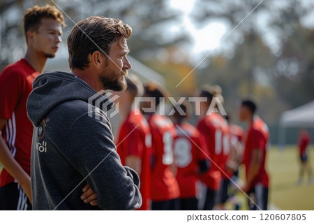 Focused Coach Observing Youth Soccer Game from Sidelines with Thoughtful Expression 120607805