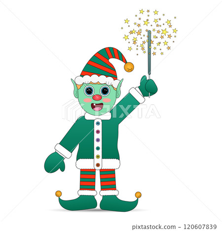 Festive Cartoon Elf Holding Sparklers in Holiday Outfit 120607839