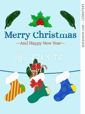 Merry Christmas and Happy New Year Postcard with Hanging Stockings Merry Christmas and Happy New Year Postcard with Hanging Stockings 120607845