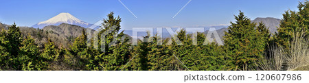 道子地塊的奧野山、五所田山南脊、白雪皚皚的富士山、沙子山和南阿爾卑斯山的全景 道子地塊的奧野山、五所田山南脊、白雪皚皚的富士山、沙子山和南阿爾卑斯山的全景 120607986