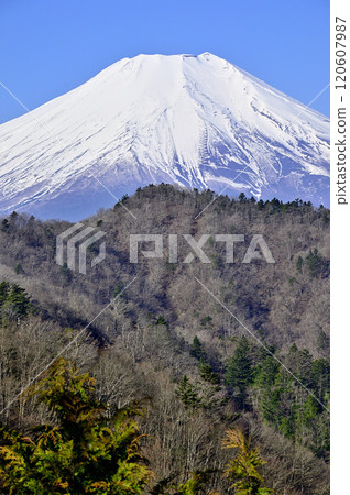 從道志山奧野嶽輸電塔的展望台眺望富士山的雪景 120607987