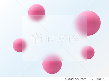 Website landing page in glass morphism style. Light-colored presentation screen with the effect of overlaying glass on floating gradient spheres. 120608152