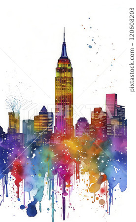 Colorful skyline illustration featuring the Empire State Building with vibrant splashes and textures above the cityscape 120608203