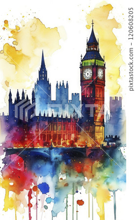 Bright watercolor depiction of Big Ben and the Houses of Parliament in London during a sunny day 120608205