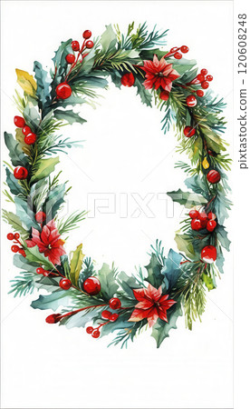 Festive holiday wreath decorated with vibrant foliage and red berries in a watercolor style suitable for seasonal designs 120608248